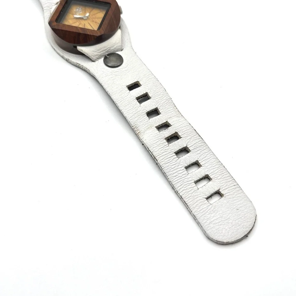Mistura Wood Watch Square Case White Leather‎ Cuff Strap Artisan Handcrafted